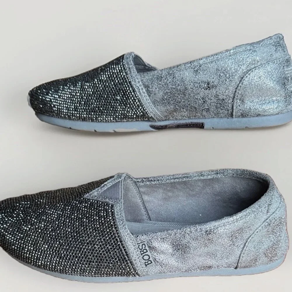 (6) BOBS Memory Foam Mottled Silver & Silver Beaded Slip-ons